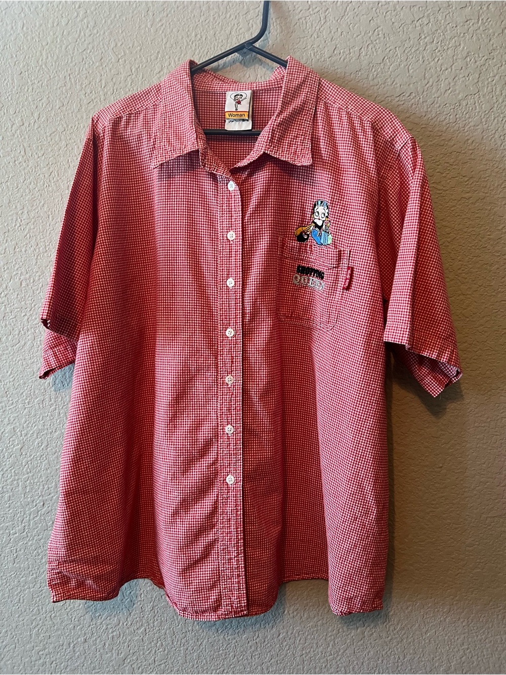 Betty Boop Red and White Gingham Shirt with Colorful Embroidered 100% cotton